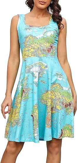 Fanient Womens Sleeveless Dress Casual Print Scoop Neck Sundress A Line Midi Dresses