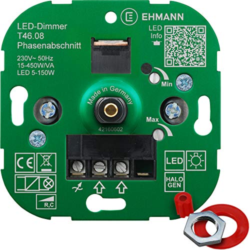 EHMANN LED Unterputz-Dimmer T46.08, Phasenabschnitt, 230 V, 50 Hz, Leistung: LED 5-150 W, 15-450 W/VA, inkl. Schalterprogramm-Adapter