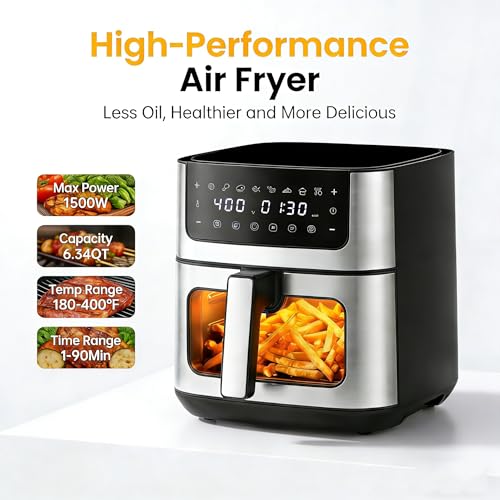 Image of HealSmart 6.34 Qt Air Fryer with Window, 8-in-1 Digital AirFryer Oven, 1700W, Nonstick Dishwasher-Safe Basket, Air Fry, Roast, Dehydrate, 90-Min Timer, Stainless Steel, Black