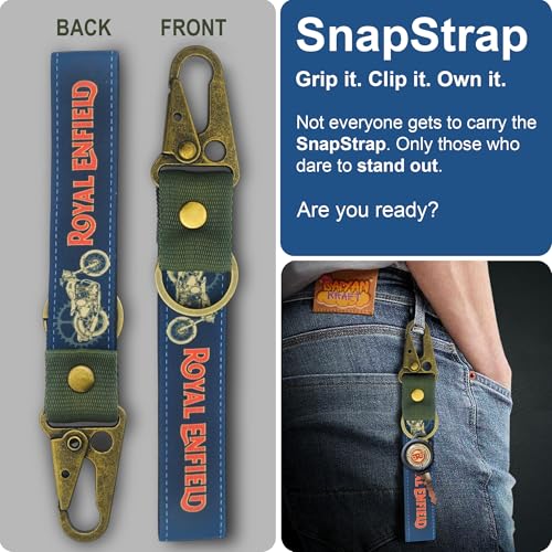 Image of SnapStrap RoyalRide Carabiner Keychain Compatible with Royal Enfield Strong Heavy-Duty Metal Clip with Fabric Key Ring Bike Accessory