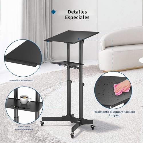 Miniatura 4 de Bontec Escritorio De Pie Móvil Con Altura Ajustable, Escritorio Para Computadora Portátil Con Ruedas, Estación De Trabajo De Pie Con Bandeja Compacta Ajustable