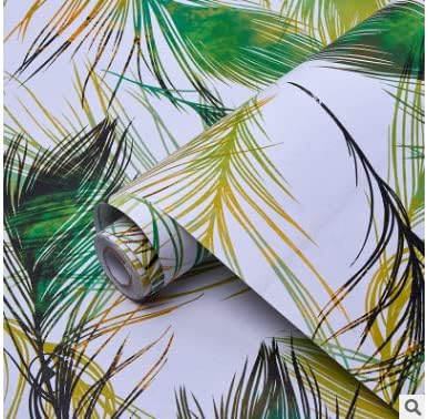 J16892-10M Feather Peel and Stick Wallpaper 17.7"x 32.8ft Green/Brown Removable Vinyl Self-Adhesive Contact Paper Shelf Liner Furniture Decoration