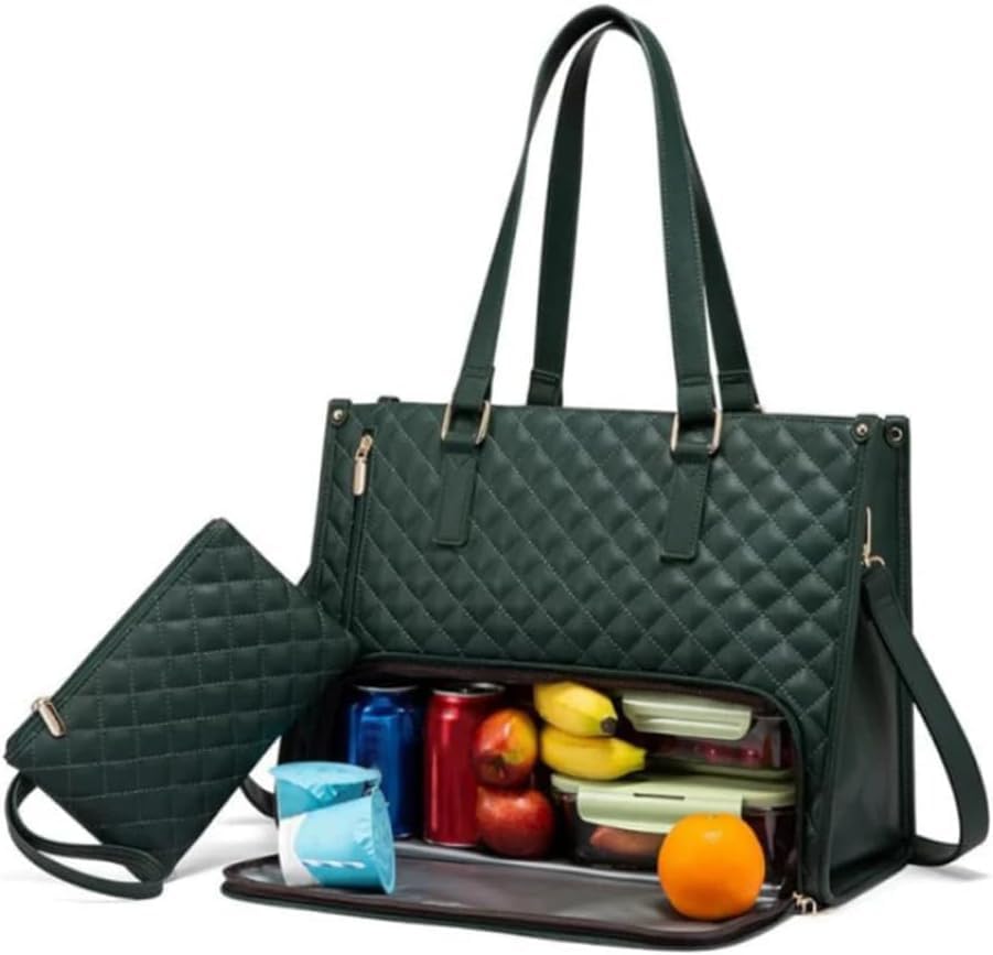 2 in 1 Tote Bag Lunch Bag Combo, 15.6 Inch Leakproof Tote Bags with Insulated Lunch Compartment, Large Capacity Computer Handbags for Women, Laptop Handbags with Purse for Business, Work (Green)