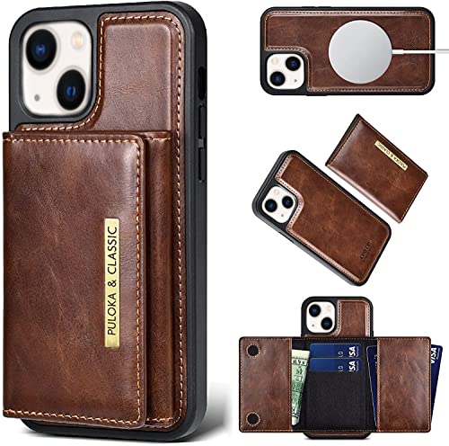 Image of PULOKA Wallet Back Case - Compatible with iPhone 13 - Vegan Leather Phone Cover - Detachable Card Holder Case with Kickstand - Shockproof, Anti Scratch & Raised Edges for Protection - Brown