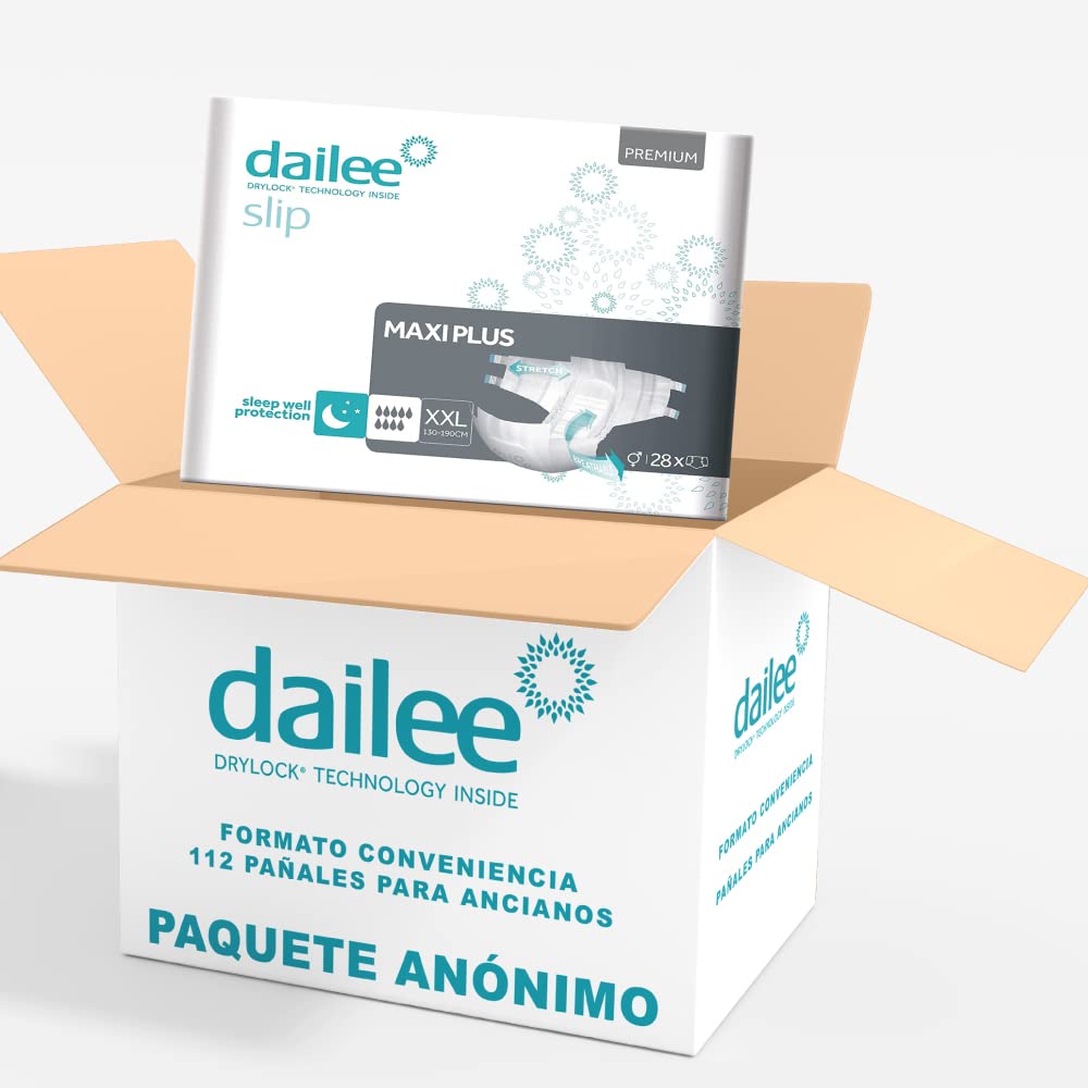 Dailee Slip XXL - 112x Pañales Adultos Maxi Plus Absorción - 4 paquetes de 28, Absorbencia 9 gotas - Braga Pañal para Anciano, Hombre y Mujer