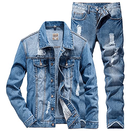 Generic Couple Denim Suit Spring Autumn Fashion Casual Ripped Hole Long Sleeve Denim Jacket + Jeans 2 Piece Set …2