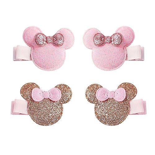 2 Pairs Mouse Ears Hair Clips Baby Girls 1.5 Inch Mini Hair Accessories Glitter Mouse Bow Barrettes Kids Cosplay Birthday Party Decorations 2 Left & 2 Right Clips