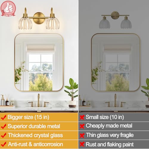 Image of Bathroom Vanity Light (2-Light, 15 in), Brushed Gold Vanity Lights for Bathroom with Ribbed Clear Tulip Glass Shade, Vintage Vanity Wall Lights for Mirror Bedroom Living Room Hallway