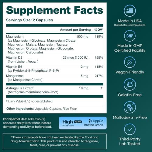 Image of Magnesium Complex for Women & Men 500mg (7-in-1) with Vit D3 & B6 - 60 Ct | Oxide-free and filler-free, 7 bioavailable forms including glycinate, citrate & malate for sleep, cramps & stress, vegan, USA