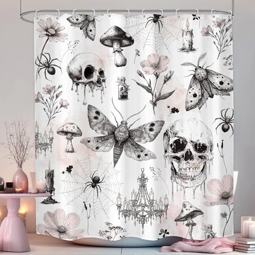 LGhtyro Gothic Skull Shower Curtain Bathroom Set 60Wx71H Inches Halloween Death Head Moth Pink Flower Leaves Spider Scary Witchy Bath Accessories Mysterious Art Home Decor Fabric 12 Pack Hooks