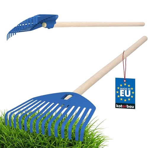 KOTARBAU® Laubharke Kinder - Laubbesen Kinder - 20 cm - mit Holzstiel 70 cm - Kinderharke Garten - Kinder Laubrechen - Kinderrechen - Kunststoff - mit Holzgriff - Blau