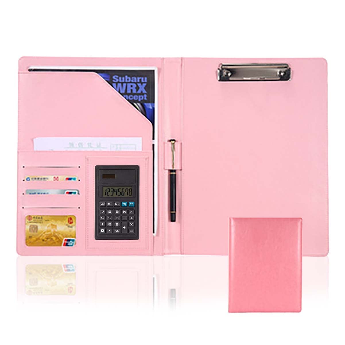 Teczka A4 z notesem, Teczka na dokumenty, format A4, skóra ekologiczna, z podkładką do pisania i uchwytami na wizytówki, wielokolorowa(Pink,8 digit calculator)