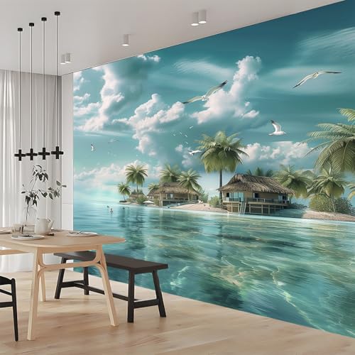 3D Tapisserie Intissé Murales Panoramique Paysage Océan Bleu Vert 250x175 cm, Décoration Murale pour Salon et Chambre Enfant