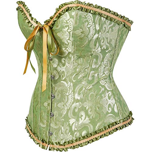Shymmuo Women's Lacing Corset Top Satin Floral Boned Overbust Body Shaper Bustier Green S #TOP1