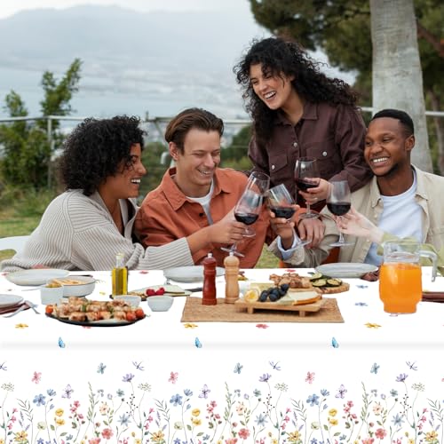 Image of 3 Pack Spring Floral Tablecloth, Wildflower Butterfly Plastic Table Cover for Easter, Birthday, Wedding, Tea, Wildflower Party Decorations, 54 x 108 Inch
