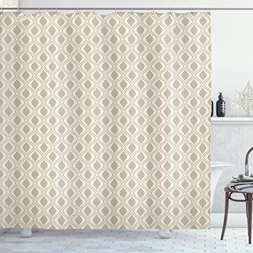 ABAKUHAUS Retro Shower Curtain, Abstract Ornament with Vertical Wavy Lines Curvy Old Fashioned Geometrical Tile, Cloth Fabric Bathroom Decor Set with Hooks, 86 Inches Extra Long, Taupe and Beige