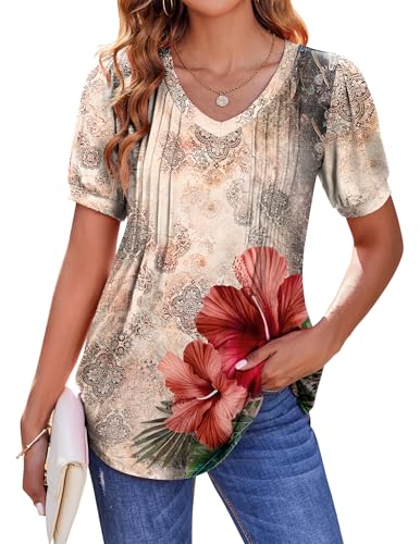 Zeagoo Women's Puff Short Sleeve Boho Shirts Casual V Neck Floral Solid Summer Blouse Pleated Tunic Top