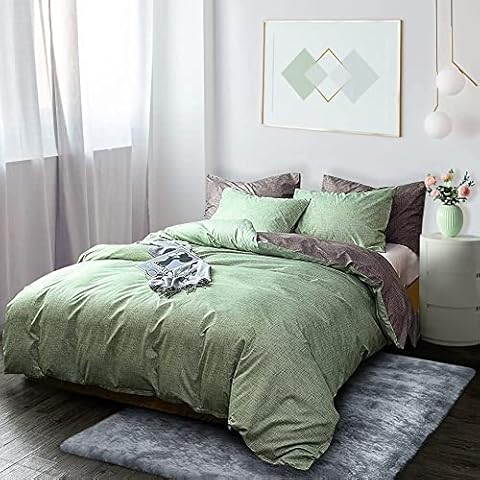 Fityou Bedding Double Bedding Duvet Set 3pcs, Soft Microfiber Bedding Green Gray Duvet Covers 200 x 200 cm with 2 pillowcase 50 x 75 cm Cover