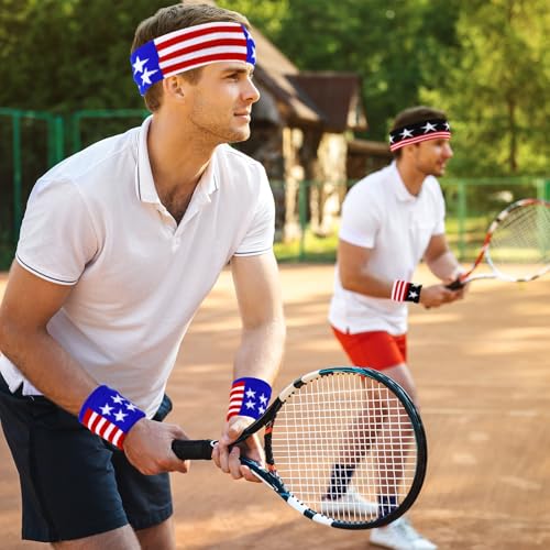 Image of Soulchen 20 Pcs 4th of July Sweatband American Flag Headband Wristband and Socks Set Red White Blue Striped Athletic Sweatband Set Independence Day Head Band for Men Women Sports Workout