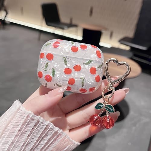 Image of MINSCOSE for AirPods Pro 2nd /1st Generation Case,Cute Glitter Cherry Leaves Pattern Design with Cherry Heart Shaped Keychain,Soft TPU Protective Shockproof Case for Airpods Pro /Pro 2-Red