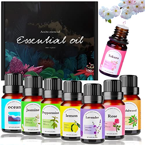 Aceites Esenciales de Aromaterapia，Set de regalo de aromaterapia de Plant 100% naturales, aromas para humidificador, Rosa, Limón, Flor de cerezo, Lavanda, Jazmín, Menta,...