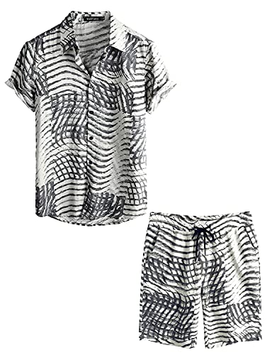 VATPAVE Camisas hawaianas florales de manga corta con botones para hombre, Beige, Small