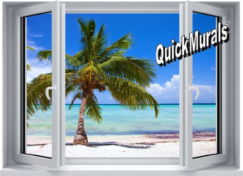 Palm View Window Canvas 1-Piece Peel & Stick Wall Mural 58 Inches Wide X 42 Inches High