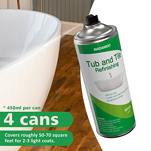 Image of NADAMOO Tub and Tile Spray Paint White, 450ml, 4 Cans, Aerosol Bathtub Refinishing Kit for Porcelain Fiberglass Ceramic, DIY Resurfacing Bathroom Sink Countertop