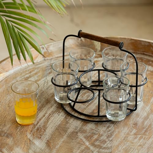 Image of ExclusiveLane 'Rail Express' Tea Glasses Set of 6 with Iron Holder (6 Glasses) | Chai Glasses with Stand Chai Cups Cutting Chai Glasses Tea Glasses with Handle Tea Cups Set of 6 Drinkware