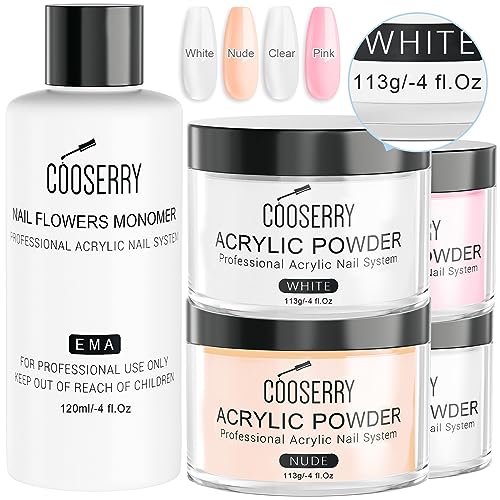 Cooserry Acrylic Powder And Liquid Set - 16 Oz 4 Color Polymer Professional Acrylic Powder Crystal Clear Pink White Nude And 4 Oz Ema Monomer Acrylic Nail Liquid - Acrylic Nail Powder And Liquid Kit For Practice Salon Nail Art #TOP5