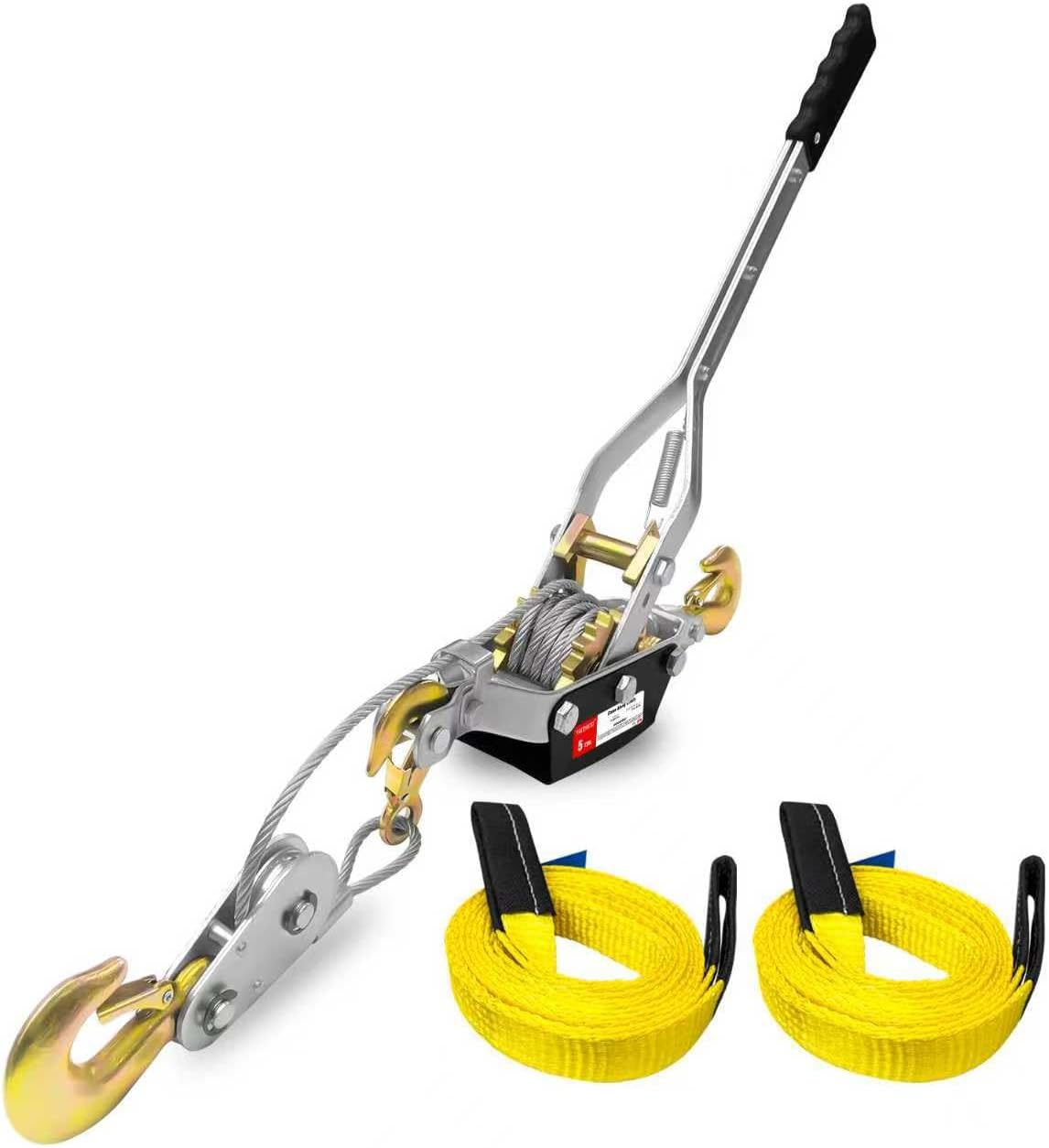 Come Along Winch, 5-Ton (10,000 Lbs) Pulling Capacity, 10Ft, 3 Hook, Heavy Duty Power Cable Come Along Tool with Dual Gears, Hand Winch Cable, Automotive Hoist Winch Puller, Recovery Gear