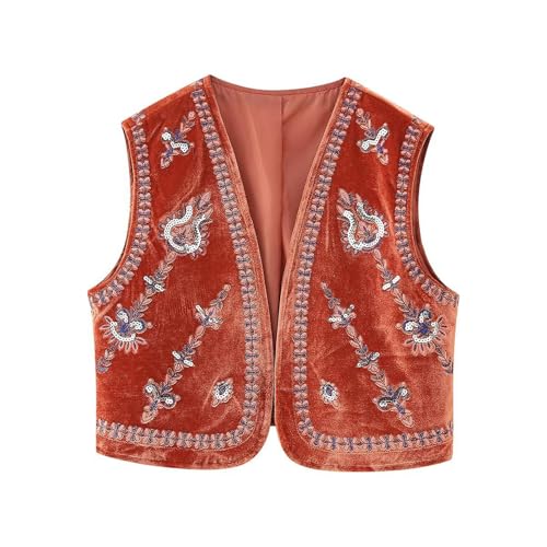 Image of Women Vintage Floral Embroidered Vest Y2K Sleeveless Open Front Cardigan Boho Linen Cropped Waistcoat