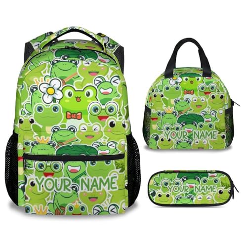 Custom Frog Girls Backpack with Lunch Box Set, 3 in 1 School Backpacks Matching Combo, Cute Green Bookbag and Pencil Case Bundle