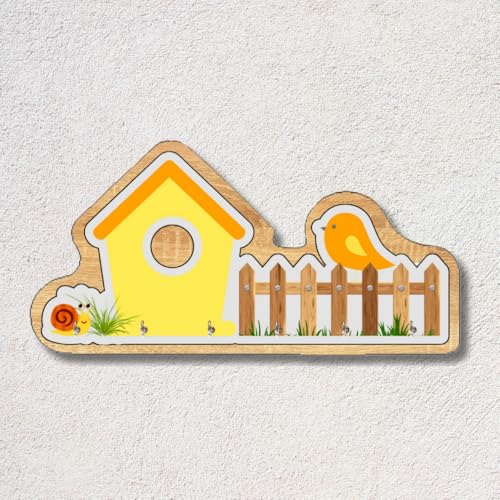 Image of Wooden Birdhouse Wall Mount Key Hanger for Home Office Decorative Wall Mounted Stylish Key Hanger for Home Decor (V-House Keyholder Yellow)