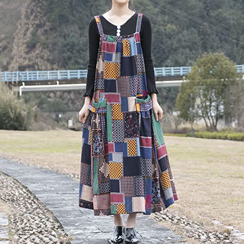 Namolit Vestido feminino estilo folk estampado de algodão e linho casual solto gola quadrada comprim