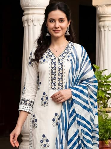 Image of Pinkmint Women Kurta Set Printed V Neck Stright Kurta & Bottom with Dupatta Set