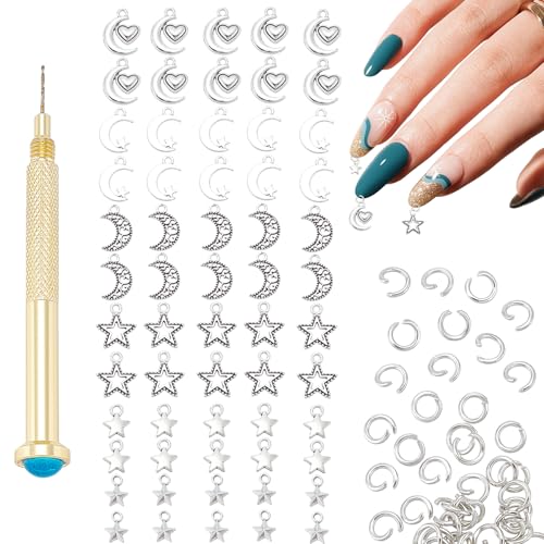 NICENEEDED 60 breloque Pendante pour Nail Art Pendentifs pour Ongles 3D Étoile Lune Argentée Anneaux D'Ongles en Alliage Argenté avec Outil Perçage...