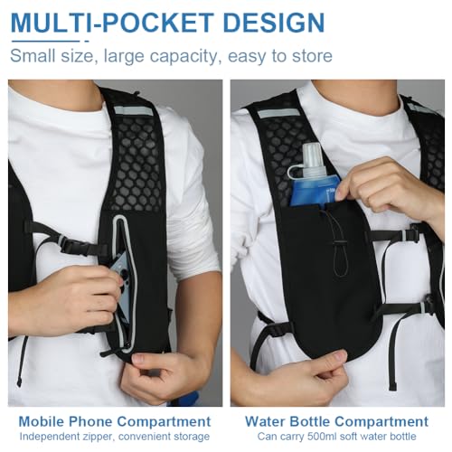Alaoo Laufweste Damen und Herren, Multifunktionale Ultrleicht Fahrradrucksack mit 1 Trinkflasche 500 ml, Verstellbare Brustgurte, Runing Vest Reflektierend für Laufen, Camping, Wandern usw. (Schwarz)