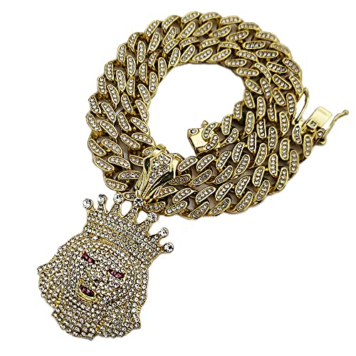 Iced Gold Plated Large Simulated Diamond King Crown Lion Bling Pendant & 13mm 16