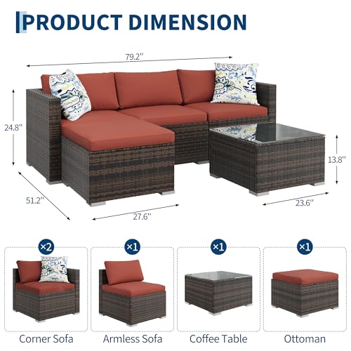 Image of GAOMON 5-Piece All-Weather Patio Furniture Set, Convertible Outdoor Sectional Sofa with Ottoman & Tempered Glass Table, PE Rattan Conversation Set for Garden, Backyard, Porch, Poolside
