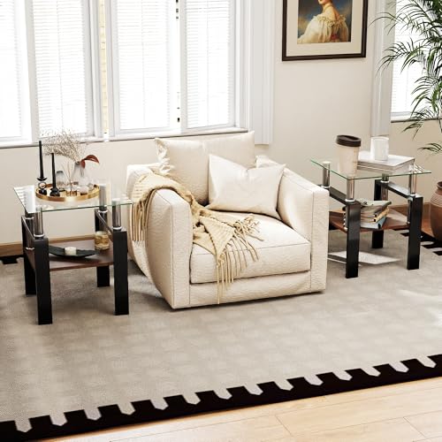 Image of Meihua Glass End Table, Square Glass Side Table, 2-Tier Modern Nightstand with Metal Legs for Living Room&Bedroom (Transparent+Brown, Set of 2)