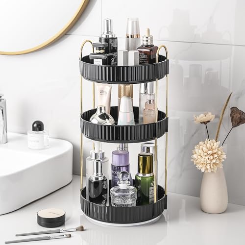 Aveniee 360 Rotating Makeup Organizer for Vanity, Large Spinning Bathroom Counter Organizer Shelf Holder for Cosmetics, Skin Care, Lipsticks,3 Tiers, Black