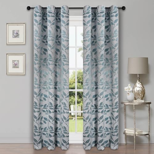 SUPERIOR Semi Blackout Curtains - Modern Leaves - 42" x 108" - Grommet Header - Thermal Insulated, Sun Blocking & Room Darkening Drapes for Bedroom, Living Room - Set of 2 Panels - Teal