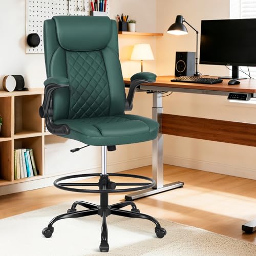 Image of Misolant Drafting Chair, Tall Office Chair for Standing Desk, PU Leather Counter Computer Chairs with Adjustable Height, Rocking Function, 360 Swivel Wheels for Bar Office