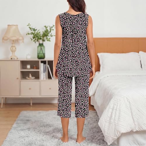 Image of Bestbee Women's Sleeveless Pajama Sets 2 Piece Sleepwear Summer Lounge Outfits Henley Tanks Capri Pants Ladies Pjs