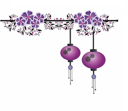 Decals Design Chinese Lamps Purple Drop On Floral Vines Wall Sticker (PVC Vinyl, 143 cm x 101 cm, Multicolor)