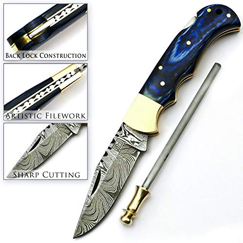 Fh Knives 6.5 Inch Handmade Damascus Pocket Knife For Men Folding Knife With Sheath For Hunting, Fishing, Camping, Hiking Unique Gift For Hunters And Outdoor Enthusiasts #TOP2