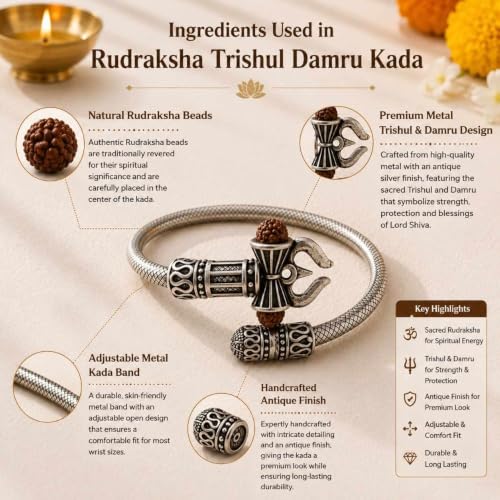 Image of Rudraksha Trishul Damru Kada for Men & Women | Adjustable Stainless Steel Open Cuff Bracelet with Rudraksha Bead | Lord Shiva Inspired Spiritual Wrist Kada | Silver Finish
