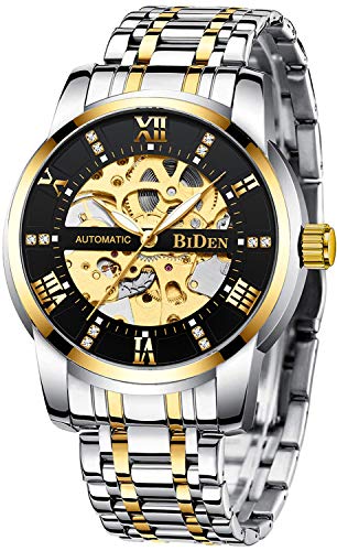 BIDEN Mens Watches Gold Mechanical Automatic Self-Winding Stainless Steel Skeleton Luxury Waterproof...