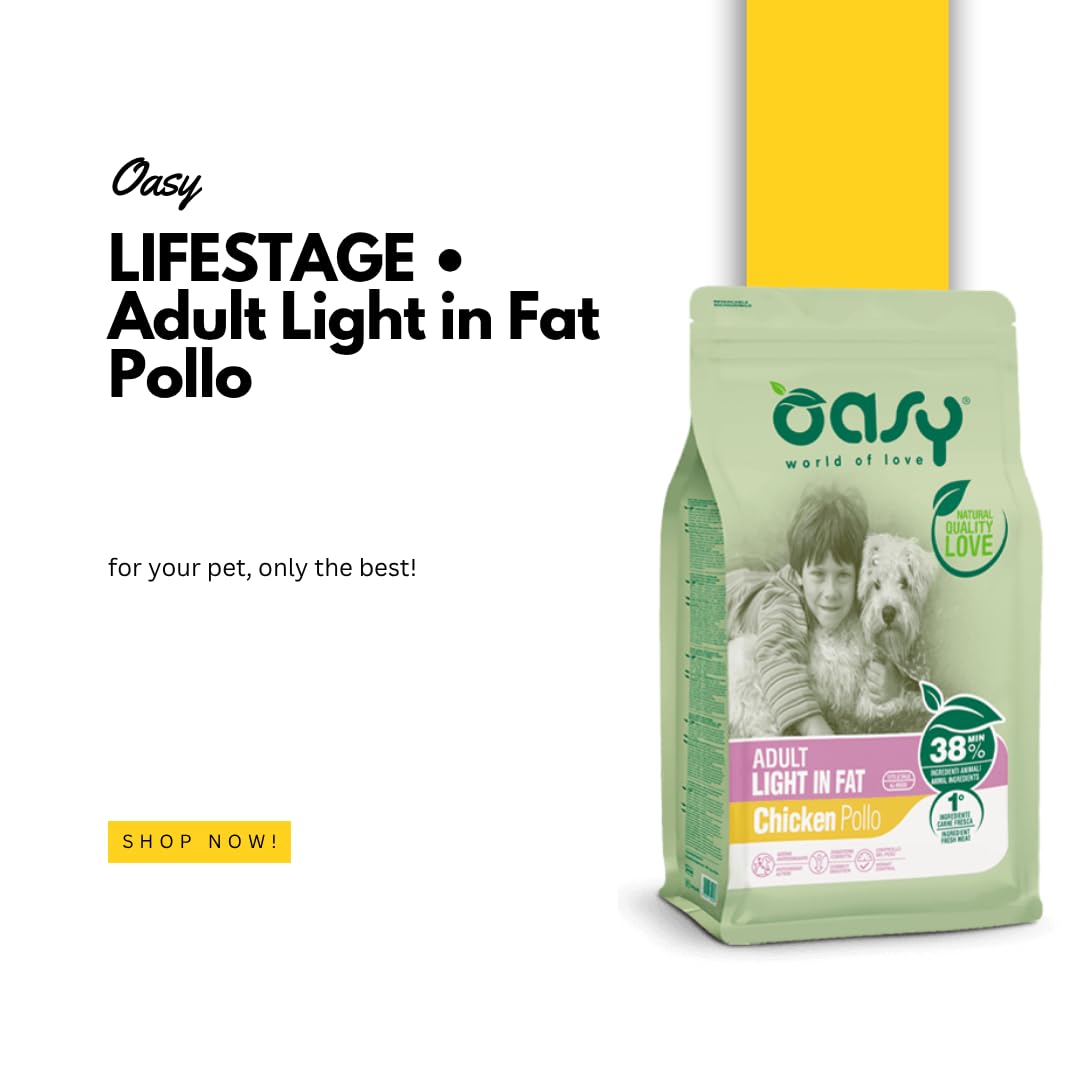 OASY Cane LIFESTAGE • Adult Light in Fat Pollo | alimento secco completo per cani adulti in sovrappeso o che svolgono attività ridotta, a ridotto contenuto di grassi, 1 confezione da 12 kg.